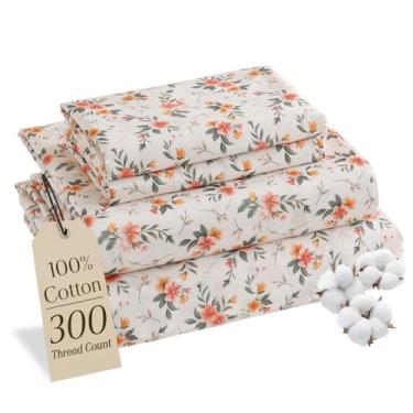 Imagem de MCO Jogo de lençol 100% algodão estampado floral, conjunto de lençóis Queen de algodão 300 fios, bolso profundo de 40,6 cm, lençóis refrescantes respiráveis, 4 peças (Queen, amarelo floral)
