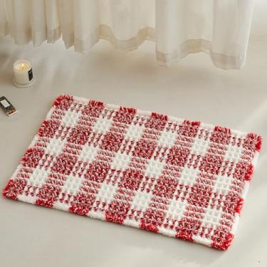 Imagem de TYUU Tapete de banheiro waffle, tapetes de banheiro boho antiderrapante, lavável, absorvente, tapete de banheiro quadriculado, secagem rápida, tapete de banho fofo, 61 cm x 40 cm, vermelho e branco