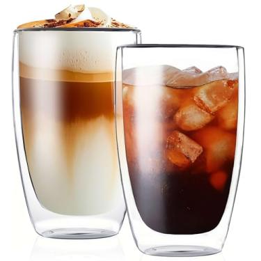 Imagem de MESNEY Conjunto de 2 canecas de café expresso de parede dupla de 500 ml, canecas de café de cappuccino transparentes isoladas para casa, café e restaurante, copos de bebida empilháveis duráveis