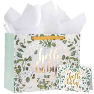 Imagem de WRAPAHOLIC Saco de presente de aniversário para chá de bebê de 33 cm com cartão e papel de seda - Sacos de design de eucalipto verde e dourado para chá de bebê de aniversário