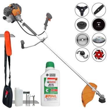Imagem de Roçadeira Tekna RL520P 52cc Com Carretel + Facas 2 Pontas, 3 Pontas, 6 Pontas, 40 Dentes Vídea, 80 Dentes, Trimmer, Escova de Aço + ÓLEO STIHL 2T