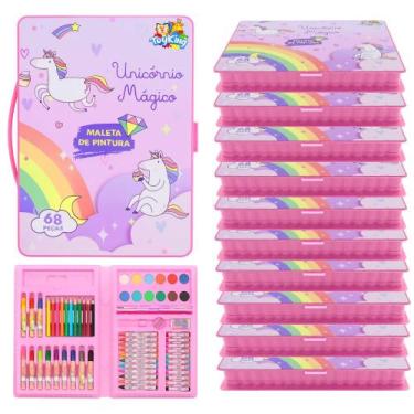 Imagem de 10 Kits Colorir Maleta Unicórnio Rosa 68pçs para Lembrança de Aniversá