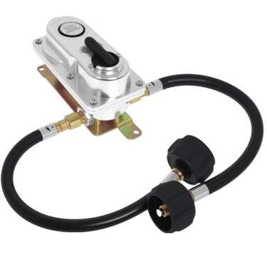 Imagem de Poweka Regulador de propano RV 2 estágios Auto Changeover LP Regulador de gás propano com tranças de 5 cm, regulador de tanque de propano duplo para trailers, vans, trailers, trailers