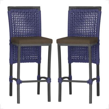 Imagem de 2 Banqueta Em Alumínio Roma Preta Corda Náutica Tecido 9 Azul