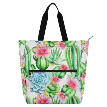 Imagem de Bolsa de ombro Oxford impermeável Cacti Succulents Flowers com zíper para livros e compras