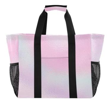 Imagem de ODAWA Bolsa de praia diária reutilizável com gradiente de mármore arco-íris cor pastel para viagens e natação