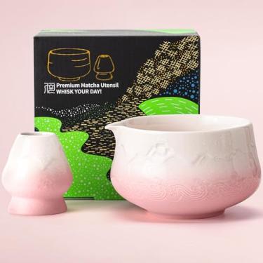 Imagem de TEANAGOO Tigela Matcha rosa com bico, tigela Matcha de 560 ml com suporte, tigela de cerâmica com design Fuji e suporte de batedor (chawan), presente para amantes de matcha