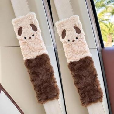 Imagem de 2 capas de cinto de segurança de carro, capa protetora fofa de pelúcia de inverno, bonita e prática, adequada para todos os cintos de segurança (Cão (marrom))