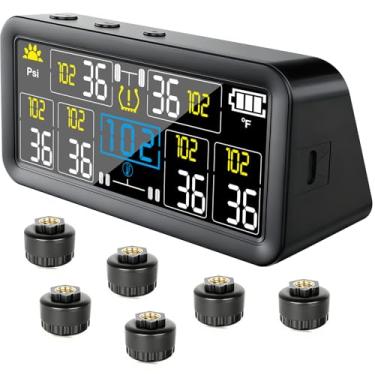 Imagem de VAOYAO Sistema de monitoramento de pressão de pneu, RV TPMS com 6 sensores externos e tela LCD colorida de 4 polegadas, 6 modos de alerta, TPMS solar ligado/desligado inteligente para caminhonete de