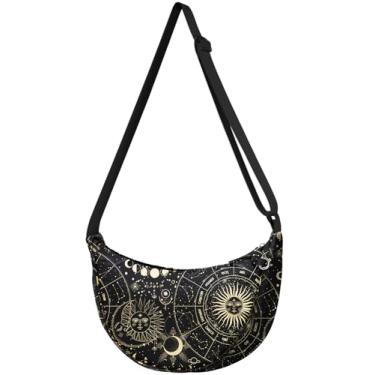 Imagem de Gemfit Bolsas transversais crescentes para mulheres - bolsas de ombro crescente de nylon médio para mulheres adolescentes e meninas, padrão exclusivo, Lua e estrela, Lua e estrela