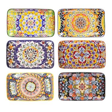 Imagem de YELLOYA Conjunto de 6 pratos de salada de cerâmica - 20 cm, pratos retangulares de sobremesa para sushi, aperitivo, bolo - seguro para micro-ondas e forno, pratos de porcelana para decoração de