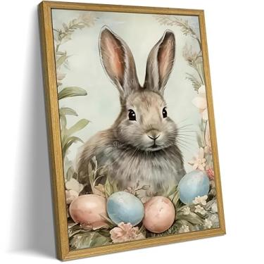 Imagem de Arte de parede de coelho da Páscoa emoldurada em madeira, pôster vintage de coelhinho da Páscoa, decoração de parede impressa, 20,3 x 25,4 cm