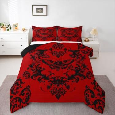 Imagem de Feelyou Conjunto de edredom floral, damasco, vintage, vermelho, vermelho, tamanho Queen, gótico, mariposa, crânio, para crianças, meninos, meninas, oriental, antigo, edredom para decoração de quarto