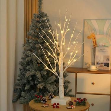 Imagem de BHGNEJN Árvore de bétula branca com luzes LED, árvore de Natal pequena de 60 cm com temporizador, operada por bateria/USB, decoração de mesa de Natal para uso interno (1, árvore de bétula branca com