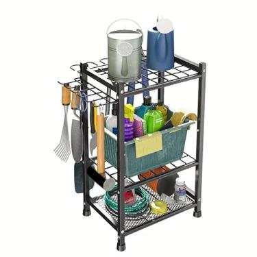 Imagem de Organizador de ferramentas de jardim – Rack de armazenamento de garagem de 70 furos com pés ajustáveis e ganchos de alça em T, suporte para vassoura/esfregão para quintal, galpão, uso em várias cenas