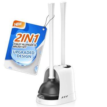 Imagem de LOVLOY Desentupidor e escova de vaso sanitário, escova de tigela e conjunto de desentupidor de vaso sanitário resistente com suporte ventilado, escova de vaso sanitário 2 em 1 e combo de êmbolo para limpeza de banheiro (branco, 1 conjunto)