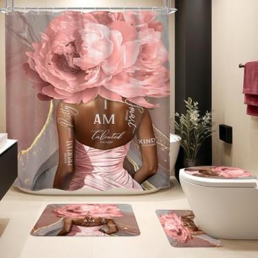 Imagem de MESHELLY Conjunto de cortina de chuveiro rosa e preta, 4 peças, abstrato, mármore afro-americano, floral, decoração com tapete, tampa de vaso sanitário, tapete de banho, citações positivas, cortina de