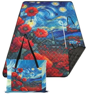 Imagem de TSENQUE Cobertores de praia noturnos estrelados com flores de papoula, à prova d'água, à prova de areia, dobrável, cobertor de piquenique fofo para acampamento ao ar livre, tapete de grama 203 x 152
