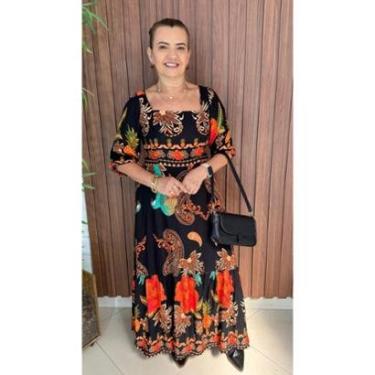 Imagem de Vestido Longo Estampado Manga Curta Lastex Costa Crisconf Cor:;Tamanho:M-Feminino