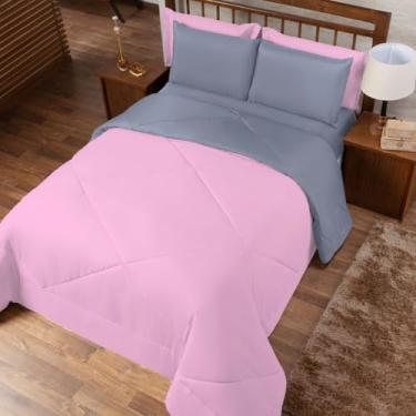 Imagem de Edredom Casal Dupla Face Cobre Leito Queen + Lençol Queen Com Elastico 6 Peças Tecido Toque Macio(Cinza/rosa,Kit Edredom 06 Peças)