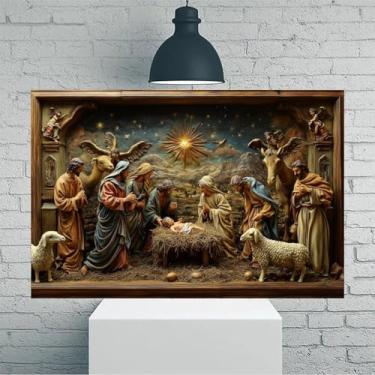 Imagem de Arte de parede em tela rústica vintage de presépio com anjos - Pôster sem moldura de 20 x 30 cm - Decoração de casa e escritório para sala de estar, quarto, cozinha e café