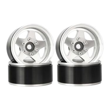 Imagem de LAFEINA Rodas Beadlock de 1,5 polegadas + aros de deslocamento ajustáveis de 2,8 mm/-4,4 mm para carro rastreador RC 1/10 1/12 LC70 LC80 JIMNY (5 raios, prata)