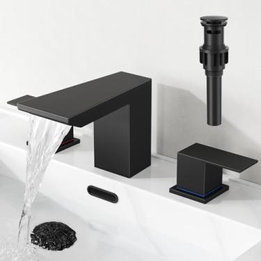 Imagem de RUMOSE Torneiras de banheiro de 20 cm com duas alças 3 furos preto fosco torneira de pia de banheiro com dreno pop-up misturador de aço inoxidável cachoeira torneira de banheiro banheiro