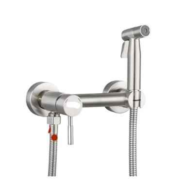 Imagem de Torneira bidê torneira de vaso sanitário aço inoxidável conjunto de pulverizador de bidê portátil misturador de água quente e fria guindaste banheiro chuveiro (cor: preto) (escova)