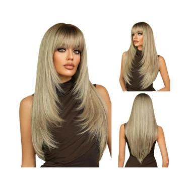 Imagem de Peruca Longa Lisa Cinza Para Mulheres Com Franja, Aparência Natural, C