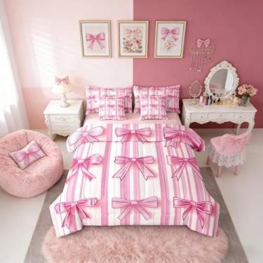 Imagem de Erosebridal Conjunto de cama solteiro com laço de princesa rosa, 7 peças, laço de fita em uma bolsa para crianças, meninas, edredom fofo de gravata borboleta com lençóis, linha geométrica, conjunto de