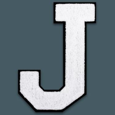 Imagem de QianSiLi Remendos de letras universitárias de chenille branco de 15 cm, letras grandes para jaquetas Letterman, moletons com capuz, mochilas, coletes, roupas, adesivos individuais da letra J