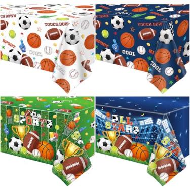 Imagem de Pacote com 4 toalhas de mesa esportivas, decorações de festa esportivas, tema esportivo, toalha de mesa de aniversário, futebol, basquete, beisebol, para meninos, todas as estrelas, artigos de festa