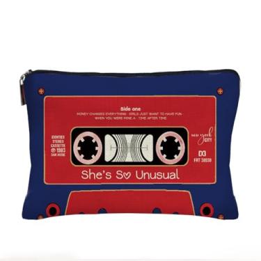 Imagem de Bolsa de maquiagem pequena com design de fita cassete vintage, bolsa organizadora portátil de higiene pessoal bolsa de cosméticos de grande capacidade com zíper, presentes de aniversário para mulheres