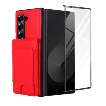 Imagem de Capa carteira para Samsung Galaxy Z Fold 7, com couro PU premium e compartimentos para cartão, suporte embutido, capa protetora de 360° para uso diário, inclui protetor de tela de vidro 9H (vermelho)