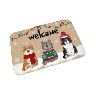 Imagem de Tapete De Entrada De Natal Em Pelúcia Com Gato, Antiderrapante E Absor
