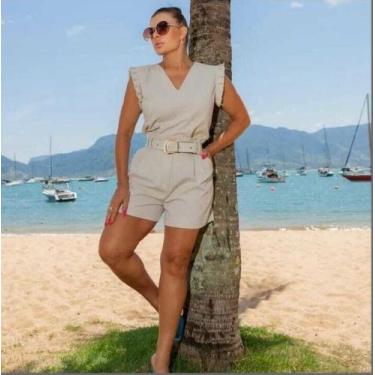 Imagem de Conjunto Feminino em Linho Blusa detalhe manga e shorts c/ Cinto Camel