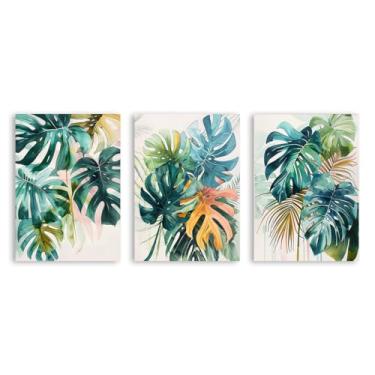 Imagem de Arte de parede de folhas tropicais – Impressão de folha de palmeira verde aquarela, pôster Monstera, decoração de plantas tropicais modernas para sala de estar em casa (SKU4-3PCS, 20.3x30.5 cm), sem