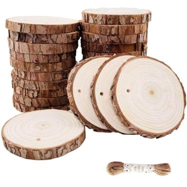 Imagem de YDJIANCAI 20 peças de fatias de madeira artesanato de madeira inacabada com casca, pré-perfurado com furo, cordão de corda de 10 m para artesanato, casamento, decoração de parede, porta-copos (tamanho