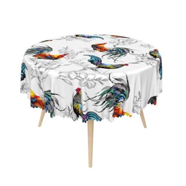 Imagem de SIEDYCV Toalha de mesa redonda Rooster 137 cm colorida com estampa de penas de galo à prova d'água, reutilizável, branca, rústica, para piquenique, fazenda, campo, decoração de festa de jantar