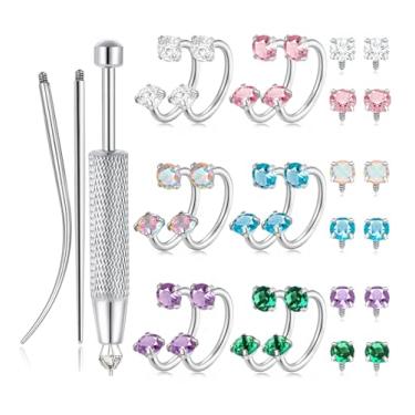 Imagem de Tornito Anéis de nariz em ferradura, brincos de meia argola, para mulheres, rosca interna, duplo CZ Daith Tragus Helix, piercing de lábio, labret, septo, 18G, 20G, 8 mm, banhado a ouro prata, Aço