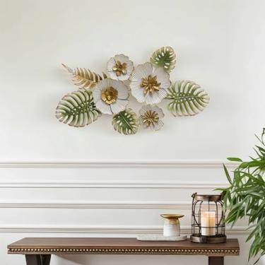 Imagem de Sintosin Decoração de parede de flores de metal vintage 3D para sala de estar 61 x 33 cm, decoração de parede com folhas decorativas de metal antigo branco e dourado para sala de jantar, quarto