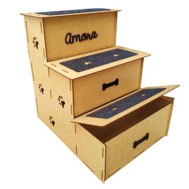 Imagem de ESCADA PET MDF 3mm 45CM ALTURA PERSONALIZADA COM NOME e COM BAU - IMGR