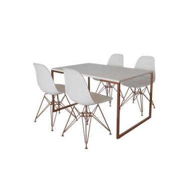 Imagem de Mesa Industrial Base Ferro Cobre Tampo 137x90 Branco 4 Cadeiras Eames 