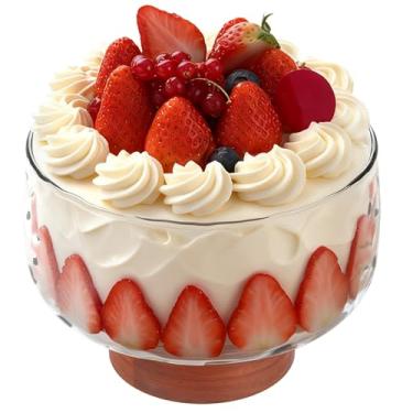 Imagem de Tigela de vidro, tigela de bagatela de 3402 g com elegante suporte de madeira de acácia, tigela de centro vintage para bolos, saladas, sobremesas, exibição elegante para festas, casamentos, ocasiões