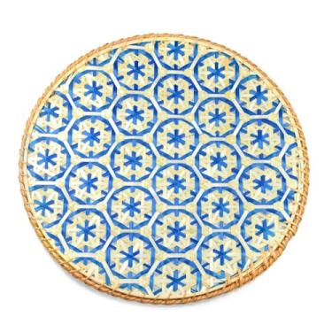Imagem de Jogo americano redondo para jantar, 1 peça de jogo americano de mesa de tecido boho lavável de 25 cm para festa de casamento, tapetes cristãos, cozinha doméstica, mesa de centro (azul)