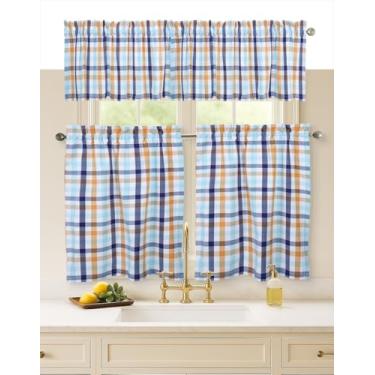 Imagem de Softopia Cotton Conjunto de cortinas de janela Gingham Check de 3 peças, 2 camadas 66 x 91 cm e 1 saia 137 x 46 cm, semitransparente, bolso de haste, cortina de cozinha curta - azul índigo - amarelo