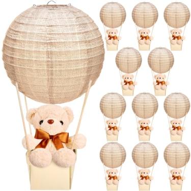 Imagem de 12 conjuntos de mesas de mesa de balão de ar quente de urso para chá de bebê, lanternas de papel faça você mesmo, cesta de madeira com fita adesiva para festa de revelação de gênero de aniversário de