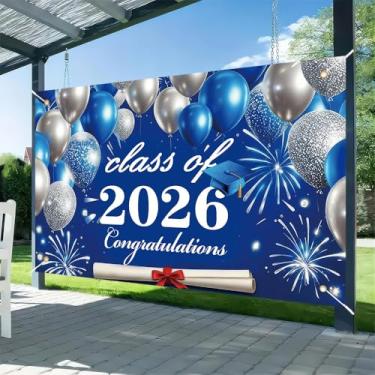 Imagem de MQCGLT 180 x 110 cm Classe de 2026 graduações cenário de fotos balões azuis tema fotografia fundo chá de bebê recém-nascido festa banner bandeira exterior quintal decoração poliéster