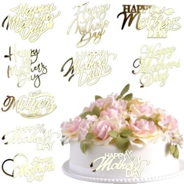 Imagem de Topo de cupcake feliz dia das mães, espelho de acrílico dourado enfeite de bolo gravado decorações de sobremesa para dia das mães decoração de festa de aniversário da mãe suprimentos 9 peças