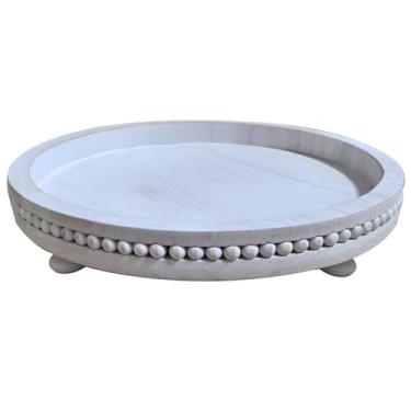 Imagem de Bandeja de madeira rústica branca envelhecida, bandeja de decoração de mesa de centro redonda de 30 cm, estilo elegante de casa de fazenda, superfície lisa, base antiderrapante, perfeita para